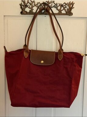 Longchamp Le Pliage Original Large Burgundy Tote with Brown Leather Trim